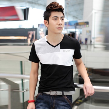 2015夏季新款V领T恤衫韩版修身潮印花打底衫纯棉男士短袖t恤男款