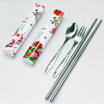 创意 三件套不锈钢筷子盒叉子勺子环保便捷健康餐具便携式 套装