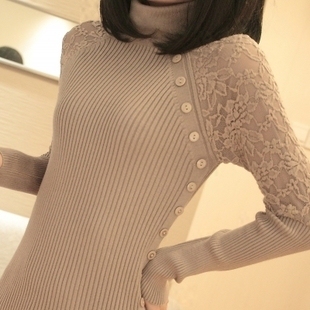 2014秋冬新款女装蕾丝毛衣女韩版修身显瘦加厚套头长袖高领毛线衣