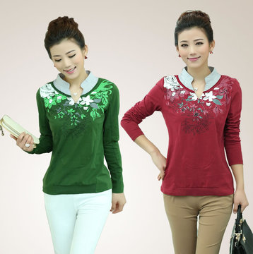 2015春季新款女装 潮韩版女印花T恤 女士长袖打底衫声雨竹款大码