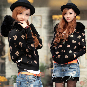 2015秋季新款韩版女骷髅头兔毛领带帽加厚针织开衫蝙蝠短毛衣外套