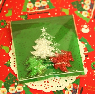 韩国烘焙包装 绿底白色圣诞树 10*11点心饼干包装袋 自封袋200枚