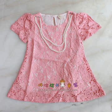 夏装连衣裙蕾丝缕女夏季粉红色空孩送字女童上衣珍珠链短袖裙装