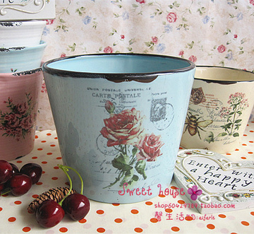 美式乡村 陶瓷仿真花器 家居台面摆设品花桶 玫瑰做旧装饰花盆