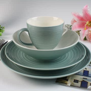 欧式瓷器餐具套装 英国denby绿色条纹西式餐具4件套 盘子碗马克杯