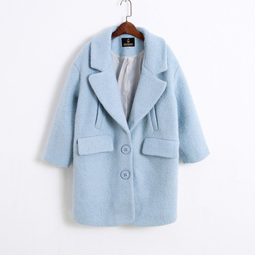 2015冬季女装专柜品质韩版单排扣大口袋仿羊绒中长款天蓝色外套