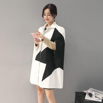 2016年冬季新款女装 韩版时尚五角星翻领斗篷宽松风衣外套82425