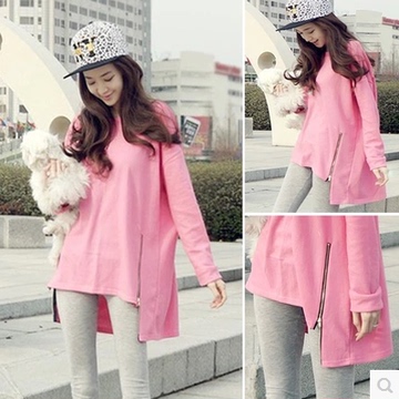 2016春季韩版女装休闲套头宽松中长款下摆不规则拉链圆领粉红卫衣