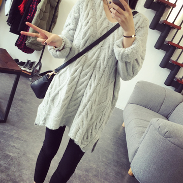 2015年秋季新款韩版女装宽松大码鸡心领麻花中长款加厚套头针织衫