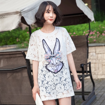2015夏季新款韩国宽松蕾丝连衣短裙兔子图案蝴蝶结中长款T恤裙女