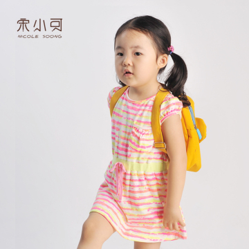 宋小可原创设计新款纯棉粉色短袖条纹儿童童装女童连衣裙夏装裙子