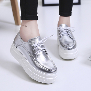 2016韩版女鞋运动休闲鞋低帮系带单鞋圆头银色厚底松糕鞋子潮
