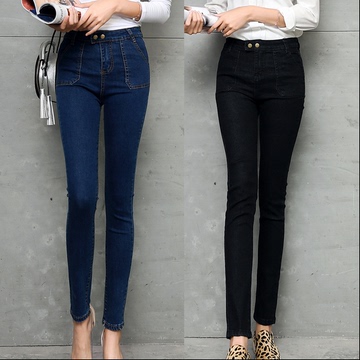 新款韩版修身少女型双扣提臀高腰弹力贴身收腹显瘦小脚牛仔裤