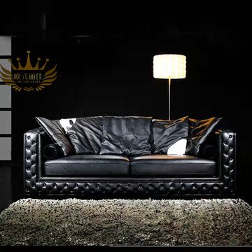 欧式后现代皮艺沙发组合别墅客厅单人三人拉扣沙发优质亮光皮黑色