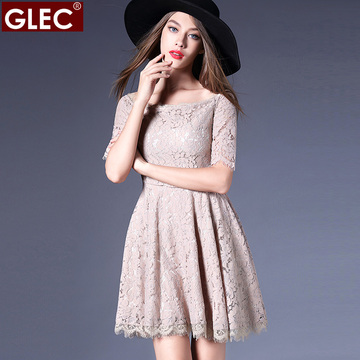 GLEC欧美高端大码女装 2015秋装新款胖mm花边圆领镂空蕾丝连衣裙