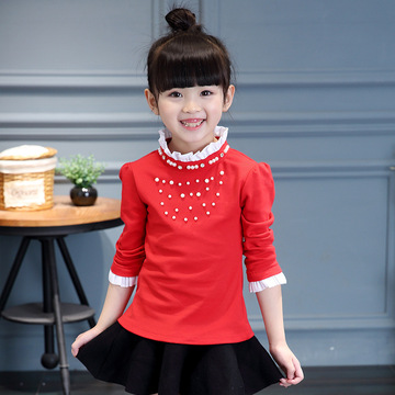 2016秋季新款韩中大童T恤珍珠高领4色纯棉女童打底衫上衣