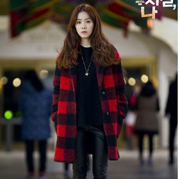 韩国复古黑酒红格子毛呢大衣外套女韩版中长款修身宽松秋冬学生装