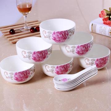 陶瓷碗，勺，高档时尚美观轻巧镁质红花吃用韩式家用酒店餐饮餐具