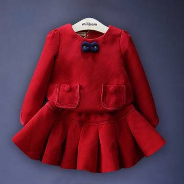 女童秋冬套装2015韩版儿童小香风套装蝴蝶结红色上衣+短裙两件套