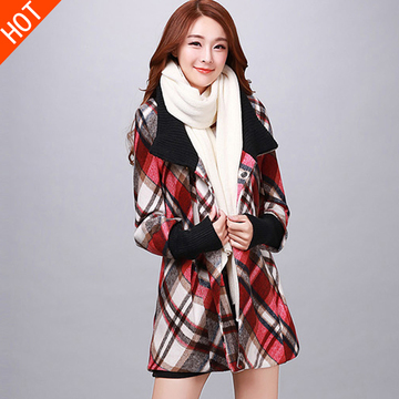 2015冬季新款韩版格子女士中长款修身精品潮时尚领呢子毛呢外套