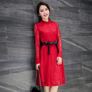 2016春装新款韩版气质立领修身显瘦中长款长袖蕾丝连衣裙女