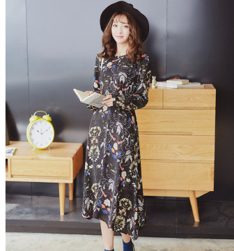 2015韩版印花时尚连衣裙女中长款圆领长袖系腰带修身显瘦打底裙子