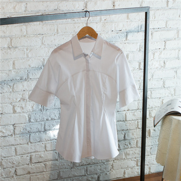 韩版白色女短袖衬衫 夏装新款上衣收腰修身显瘦