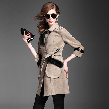 2015欧洲站秋冬新款时尚七分袖中长款修身显瘦植绒口袋羊毛大衣女