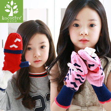 冬天保暖儿童手套女孩潮款可爱兔毛针织手套保暖彩色拼接蝴蝶结