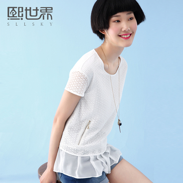 熙世界2016夏季新款韩版纯色圆领短袖雪纺衫拼接上衣女装192SS455