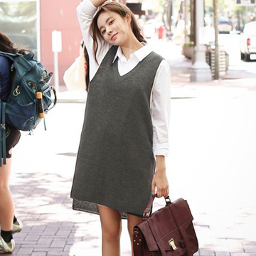 韩版经典时尚潮流V领针织连衣裙 针织毛线背心马甲裙