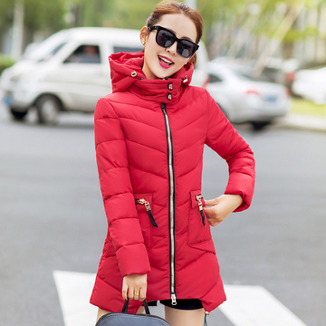 2015冬新款韩版女装长袖棉衣中长款加厚修身连帽纯色羽绒服外套女