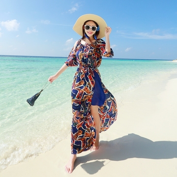 2015夏季新款女装波西米亚长裙海边度假露肩沙滩裙仙女雪纺连衣裙