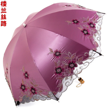 楼兰丝路高密黑胶超强防晒防紫外线二折花案花边遮阳伞晴雨伞