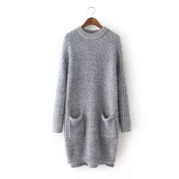 2015韩版秋季新款女装圆领毛衣中长款针织连衣裙双口袋打底衫