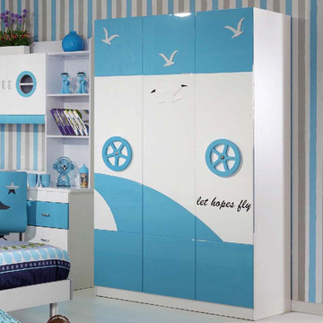 儿童衣柜卧室三门开门大衣橱1.2米板式立柜衣帽柜家具环保蓝包邮