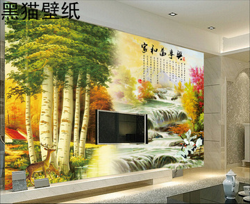 现代中式客厅电视背景墙壁纸、壁画无纺布、中国画山水风光图墙纸