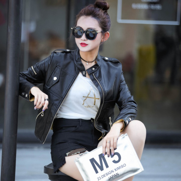 pu皮小外套女短款肩章立领 2016年秋季韩版修身夹克百搭机车皮衣