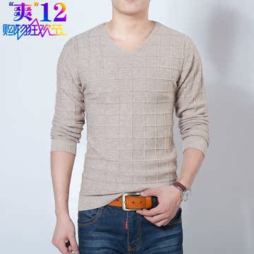 2015冬季男士纯棉加厚长袖t恤青年男式韩版V领毛衣针织打底秋衣服
