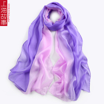 上海故事春夏季专柜正品新款渐变真丝丝巾女士桑蚕丝拼色围巾紫色