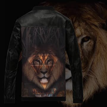 2015秋装新款立领开衫PU皮韩版修身个性潮流3D狮子图案印花男夹克