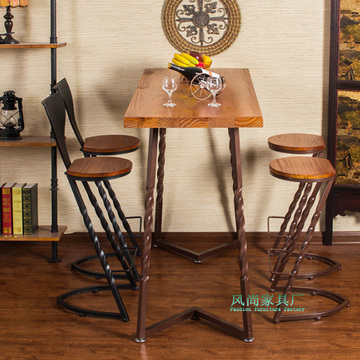 美式实木餐桌做旧铁艺咖啡厅饭桌酒吧简约餐桌椅组合酒吧椅可定制