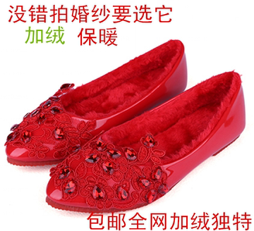 秋冬季大红色水钻婚鞋新娘鞋平底女单鞋平跟婚庆结婚红鞋敬酒蕾丝