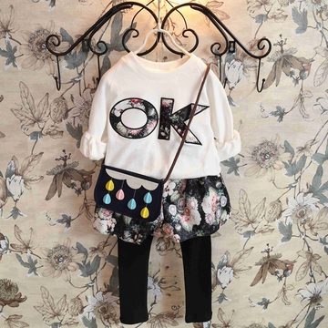 童装女童套装2015春装新款韩版休闲字母印花卫衣+裙裤两件套