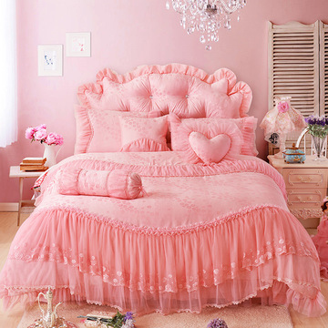 蕾丝四件套公主风韩版全棉1.51.8m床上用品床裙被套粉色纯棉4件套