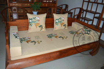 新中式仿古家具海绵垫红实木沙发坐垫罗汉床棕垫亚麻刺绣定做套装