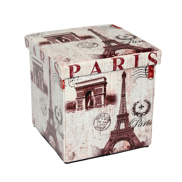 巴黎风情复古印花覆膜收纳凳 玩具收纳箱 多功能带盖折叠储物凳子