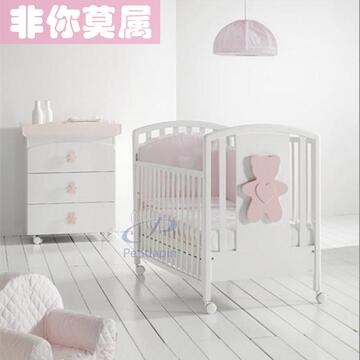 韩国顽皮熊欧式多功能婴儿床实木白色无味水性漆松木BB床宝宝用品