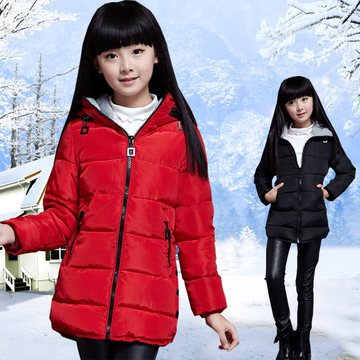 女童棉袄中长款加厚休闲棉衣红色棉服大童冬装黑色外套连帽拉链衫