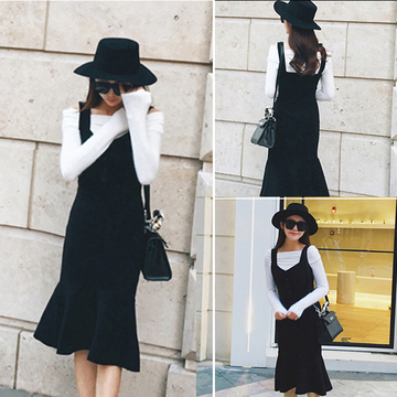 蘑菇街 2015秋冬新款女装韩版修身显瘦气质中长款长袖打底连衣裙